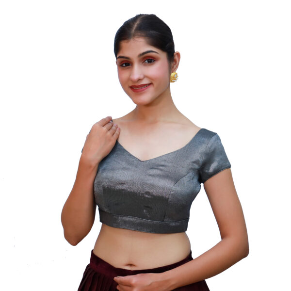 Metallic Grey Colour Short Sleeved Blouse with Sweetheart Neckline - Image 3