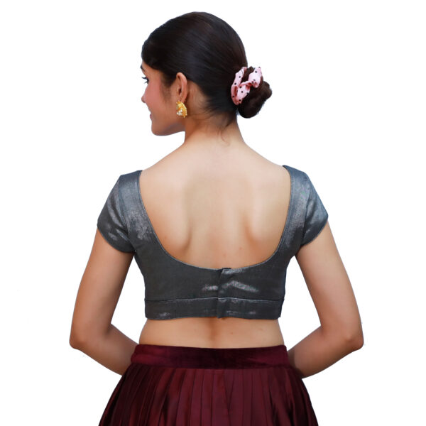 Metallic Grey Colour Short Sleeved Blouse with Sweetheart Neckline - Image 4