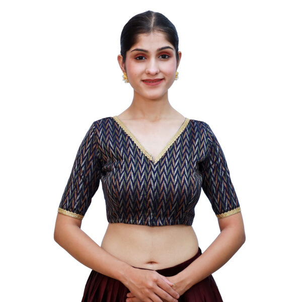 Navy Blue Cotton V Neckline Blouses - Image 2