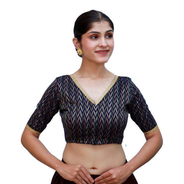 Navy Blue Cotton V Neckline Blouses - Image 3