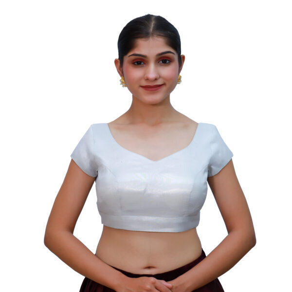 Silver Colour Short Sleeved Blouse with Sweetheart Neckline