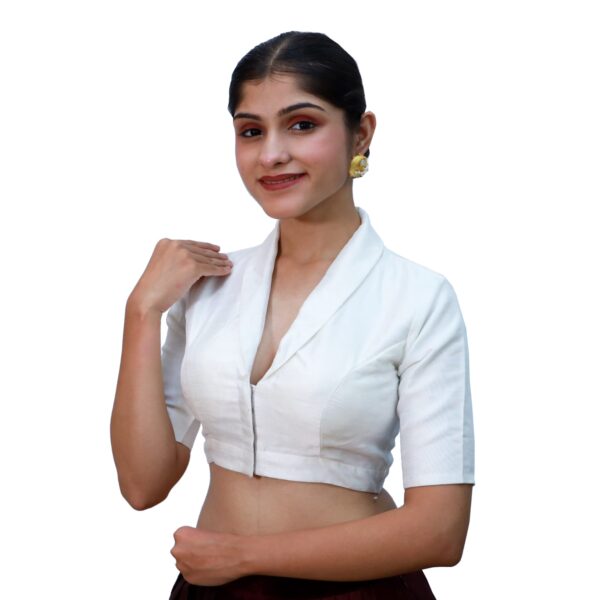 White Half Sleeved Blouse with Long Collar Neckline - Image 2