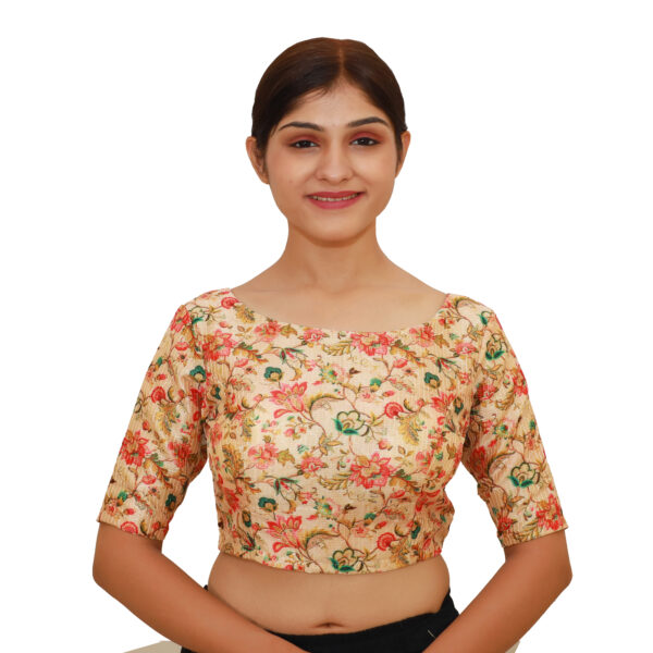 Multi Colour Half Sleeved Blouse with Boat Neckline