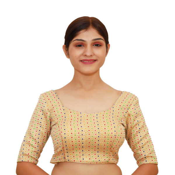 Multi Gold Colour Half Sleeved Blouse with Sweetheart Neckline - Image 2