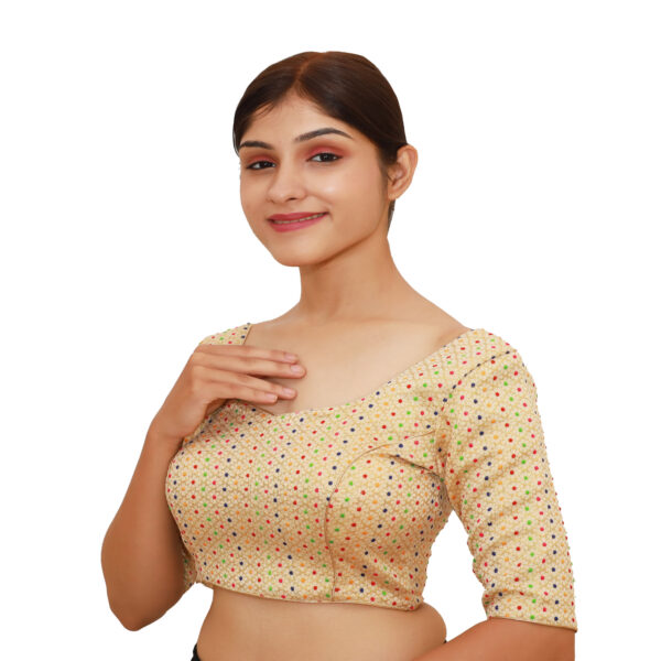 Multi Gold Colour Half Sleeved Blouse with Sweetheart Neckline