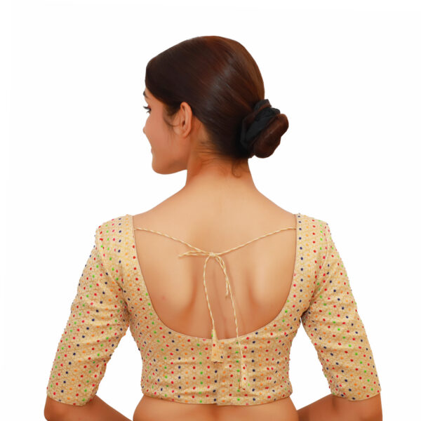 Multi Gold Colour Half Sleeved Blouse with Sweetheart Neckline - Image 3