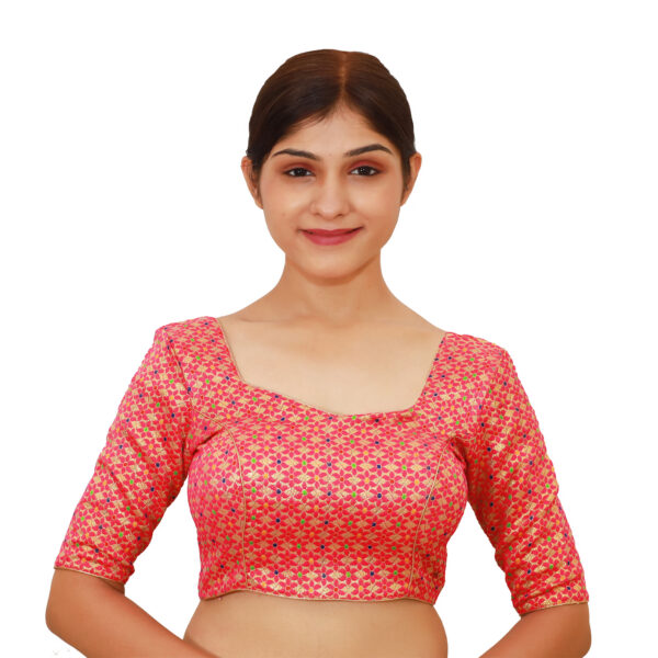 Pink Colour Half Sleeved Blouse with Sweetheart Neckline - Image 2