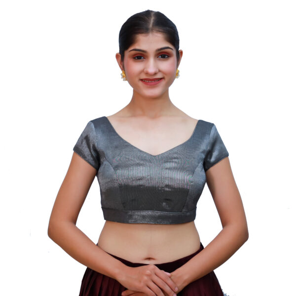 Metallic Grey Colour Short Sleeved Blouse with Sweetheart Neckline - Image 2