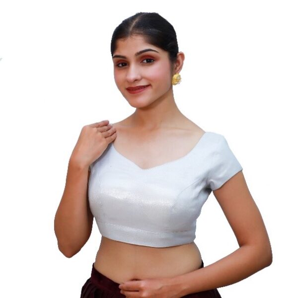 Silver Colour Short Sleeved Blouse with Sweetheart Neckline - Image 2