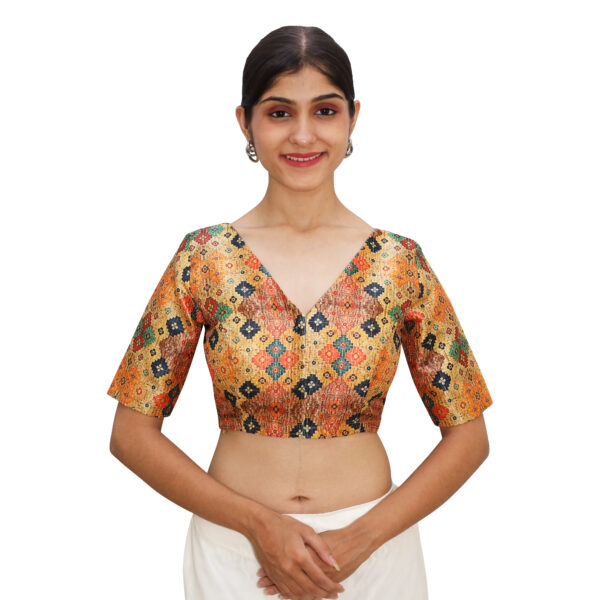 Blouses for Saree Multi Print V Neck Short Sleeve - Image 2