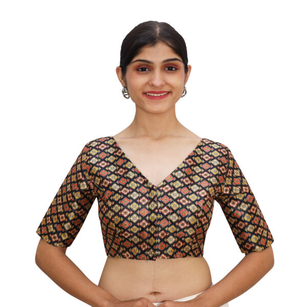 India Blouse Readymade Saree Blouse Black Print V Neck With Short Sleeve - Image 2