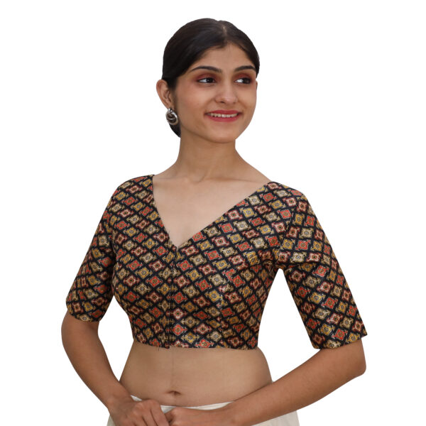 India Blouse Readymade Saree Blouse Black Print V Neck With Short Sleeve - Image 3