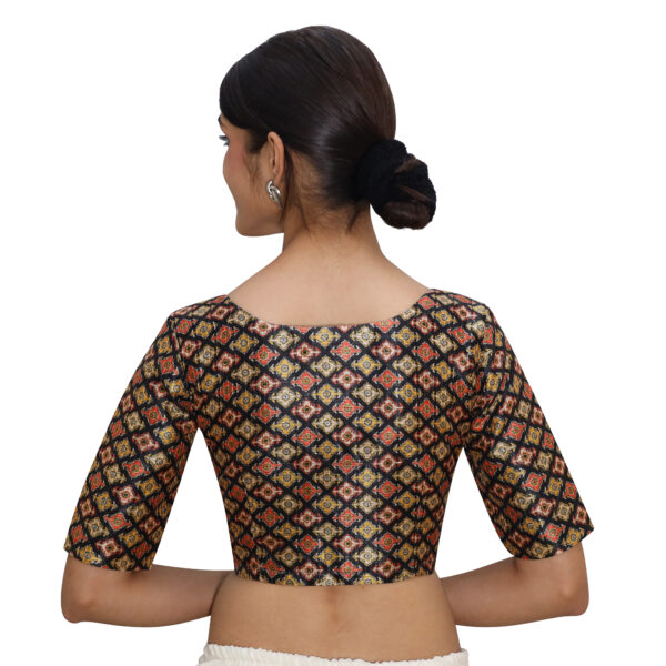 India Blouse Readymade Saree Blouse Black Print V Neck With Short Sleeve - Image 4