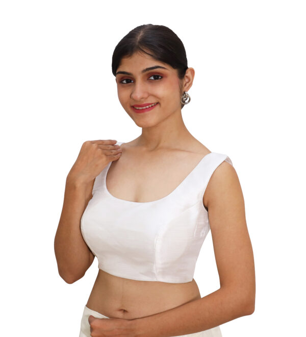 Modern White Round Neck Sleeveless Saree Blouses - Image 2