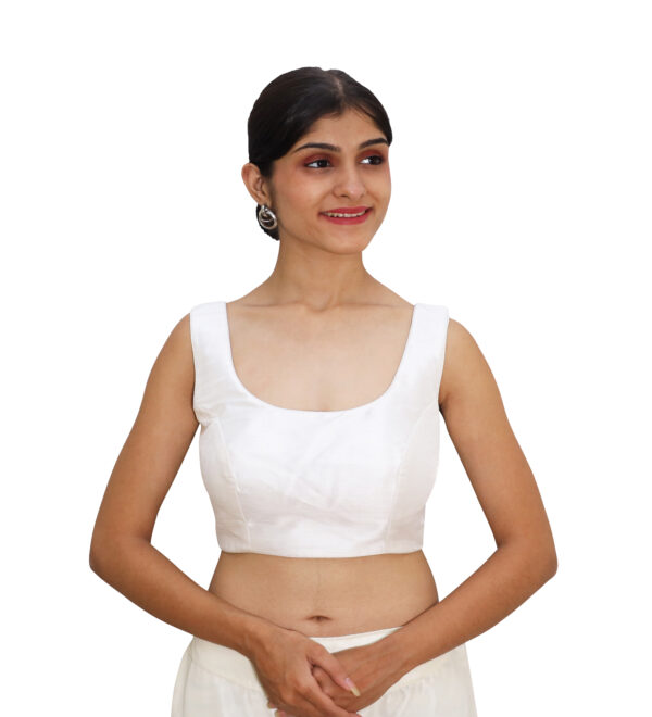 Modern White Round Neck Sleeveless Saree Blouses - Image 3