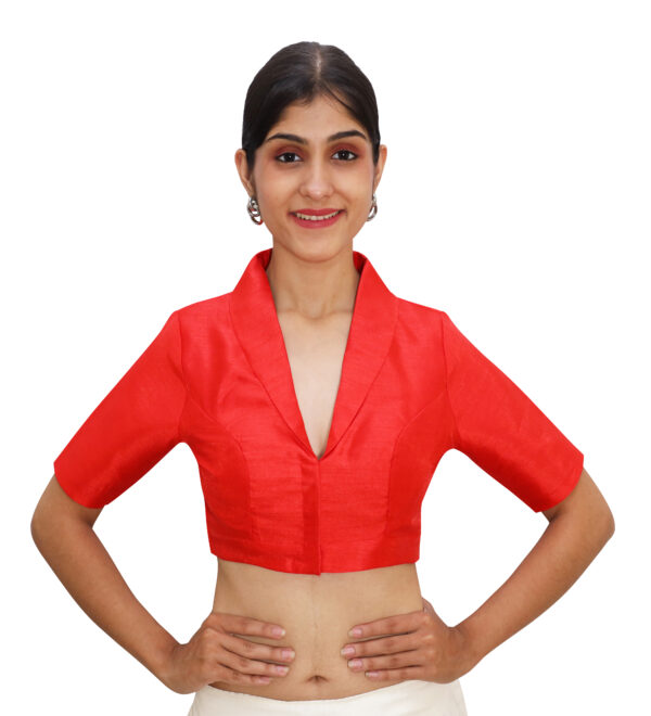 Latest Red Collar Neck Blouse with Short Sleeve - Image 2