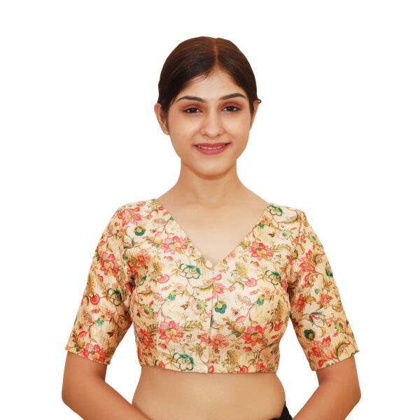 Cream Multi Print V Neck Blouse