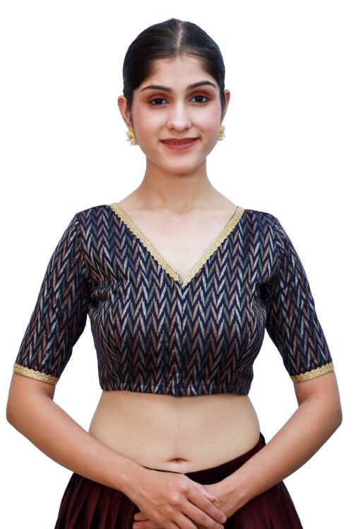 Navy V Neck Blouse with Short Sleeve