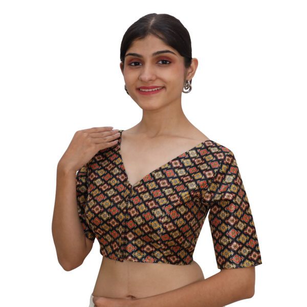 Black Print V Neck Blouse - Image 2