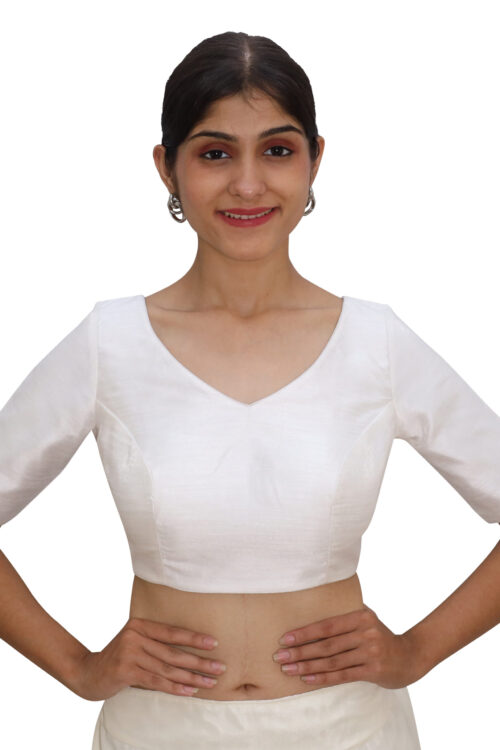 Off White V Neck Blouse with Short Sleeve