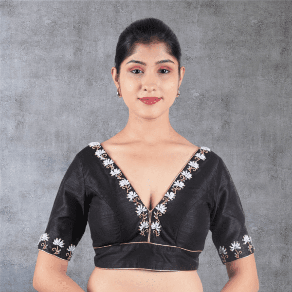 Black Hand Embroidery V Neck Blouse