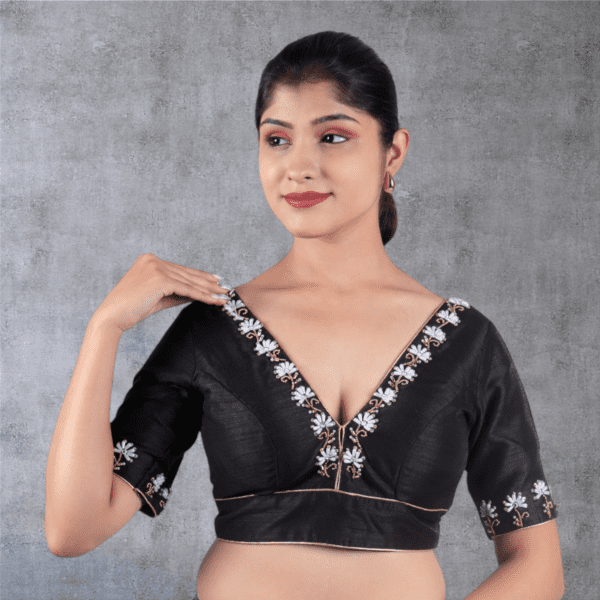 Black Hand Embroidery V Neck Blouse - Image 4