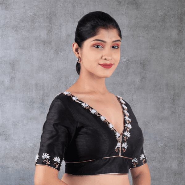 Black Hand Embroidery V Neck Blouse - Image 2