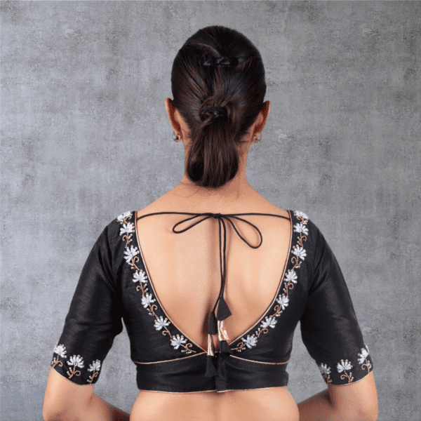 Black Hand Embroidery V Neck Blouse - Image 3