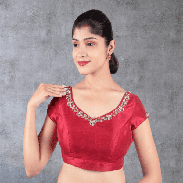 Maroon Embroidery Sweetheart Neck Blouse - Image 4
