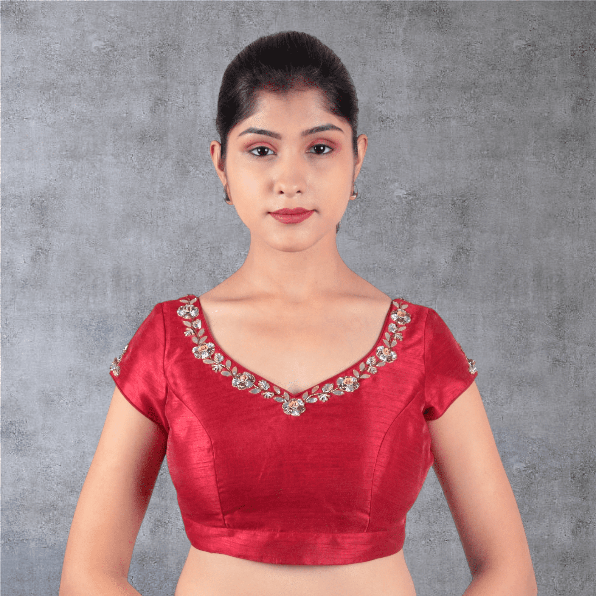Maroon Embroidery Sweetheart Neck Blouse