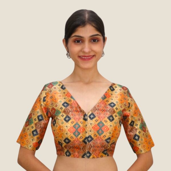 Brown Multi Print V Neck Blouse