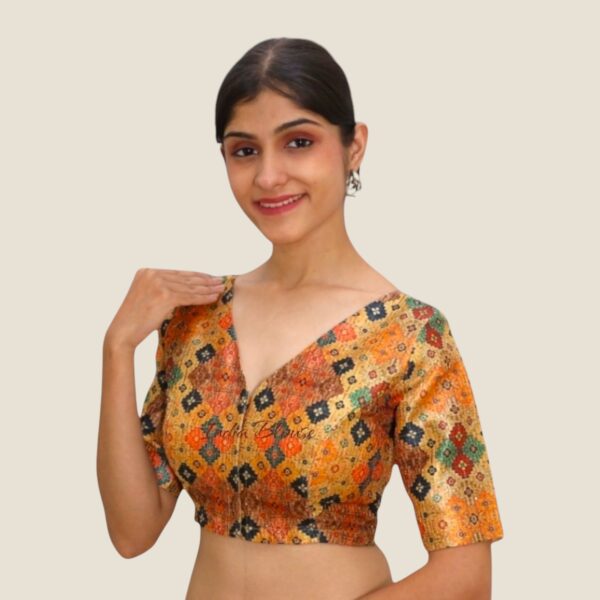 Brown Multi Print V Neck Blouse - Image 2
