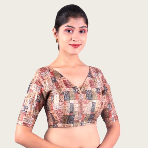 Brown Print V Neck Blouse - Image 2