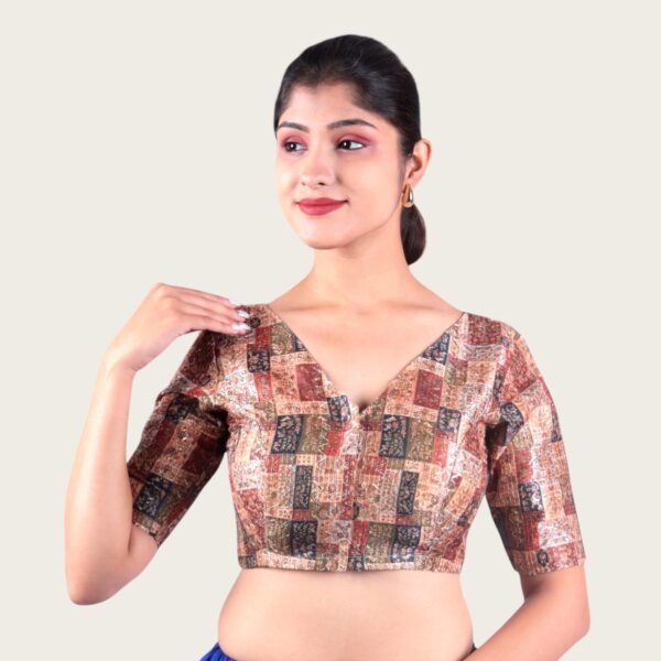 Brown Print V Neck Blouse - Image 4
