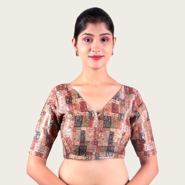 Brown Print V Neck Blouse