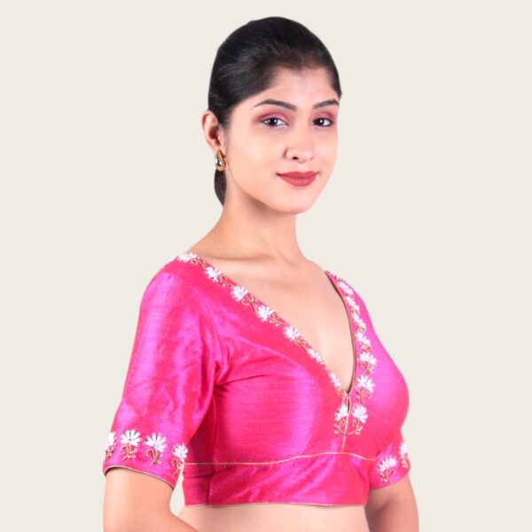 Pink Hand Embroidery V Neck Blouse - Image 2