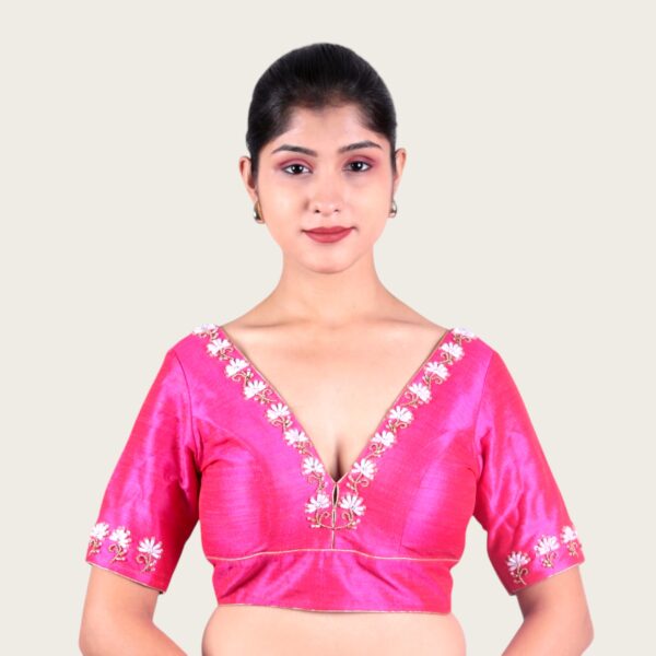 Pink Hand Embroidery V Neck Blouse