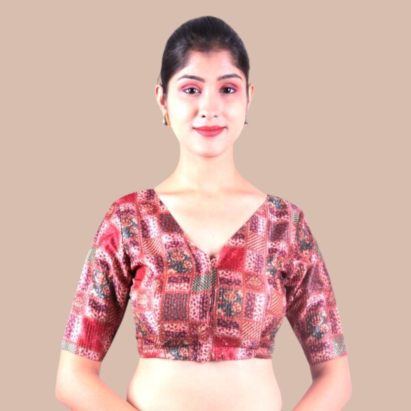 Brown Print V Neck Blouse