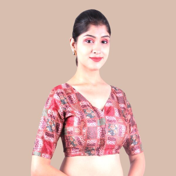 Brown Print V Neck Blouse - Image 2