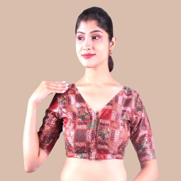 Brown Print V Neck Blouse - Image 4