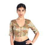Silk Olive Green Floral V-Neck Blouse - Image 2