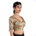 Silk Olive Green Floral V-Neck Blouse - Image 4
