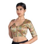 Silk Olive Green Floral V-Neck Blouse - Image 6