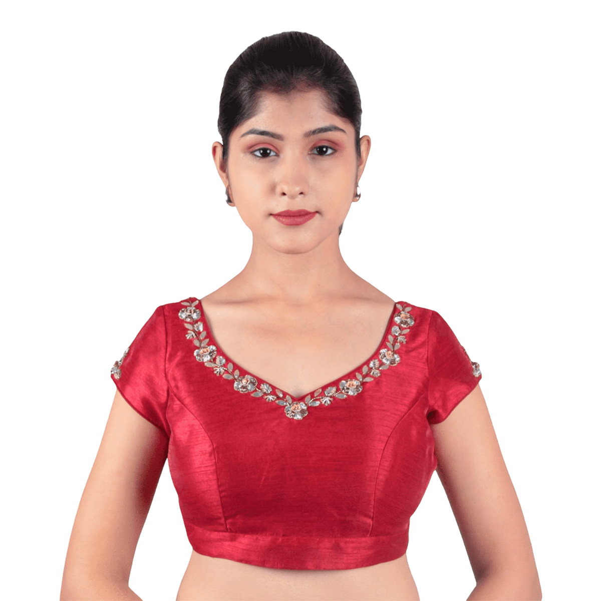 Silk Maroon Sweetheart Neck Embroidered Blouse