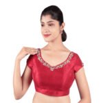 Silk Maroon Sweetheart Neck Embroidered Blouse - Image 4