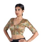 Silk Olive Green Floral V-Neck Blouse - Image 5