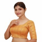 Vibrant Orange Sweetheart Neck Blouse | Brocade Short Sleeve Saree Blouse - Image 2
