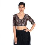 Silk Black Printed V-Neck Saree Blouse for Womens - Image 2