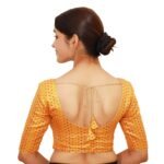 Vibrant Orange Sweetheart Neck Blouse | Brocade Short Sleeve Saree Blouse - Image 3