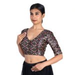 Silk Black Printed V-Neck Saree Blouse for Womens - Image 4